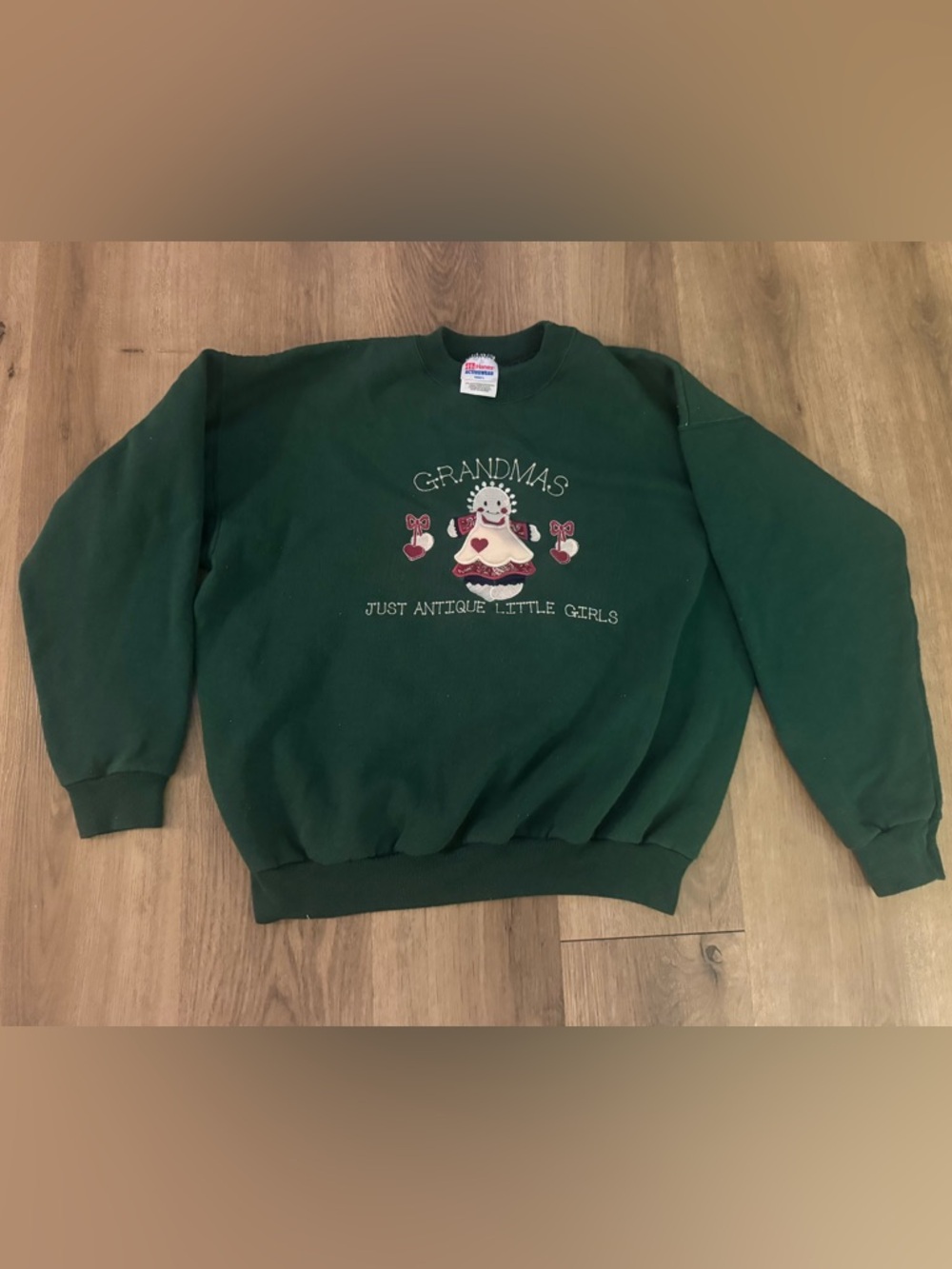 Vintage Green Crewneck Embroidered Grandmas Just Antique Little Girls